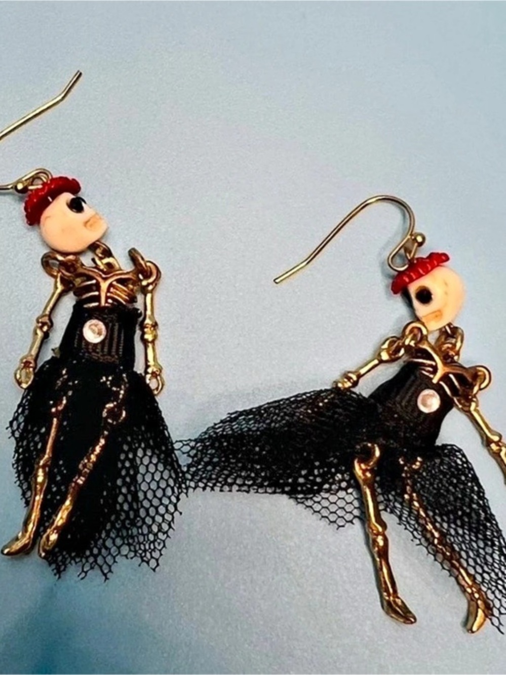 Skeleton Doll Dangle Earrings in Black & Gold.